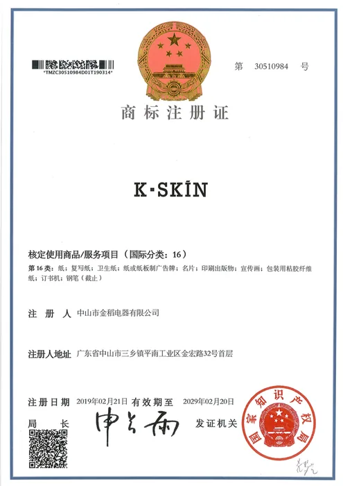 K·SKIN Trademark Registration · 30510984 document preview
