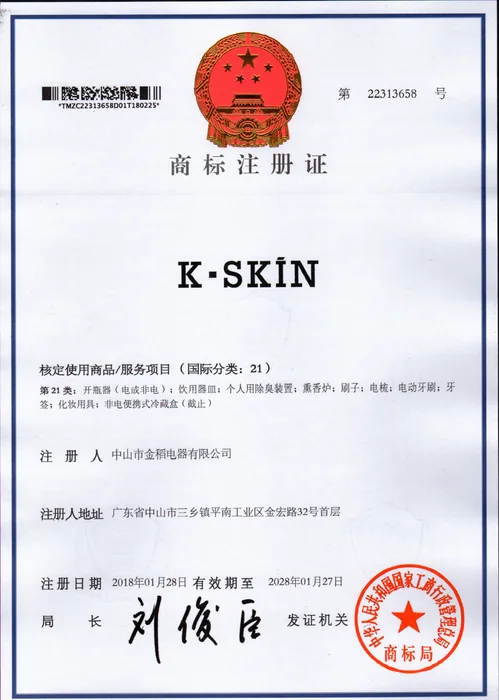 K·SKIN Trademark Registration · 22313658 document preview