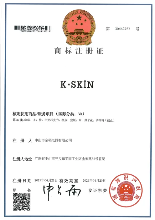 K·SKIN Trademark Registration · 30462757 document preview