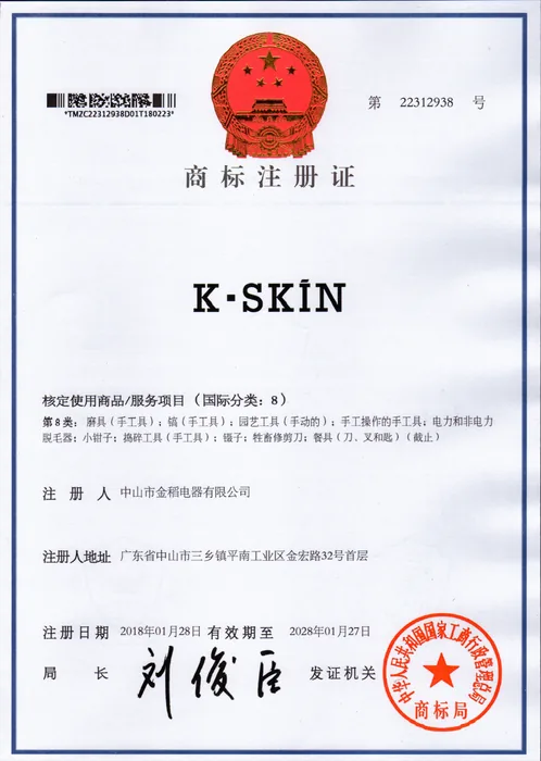 K·SKIN Trademark Registration · 22312938 document preview